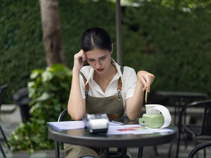 A woman in an apron sits at an outdoor table, looking stressed as she reviews papers. Surrounded by a calculator and receipts, she faces business struggles while working hard to achieve a profitable business. Blurred greenery fills the background.