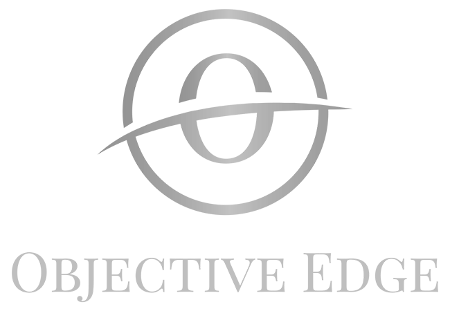 A silver circular logo with a stylized “O” intersected by a curved line, above the words “OBJECTIVE EDGE” in uppercase, serif font. The design is centered on a light gray background.